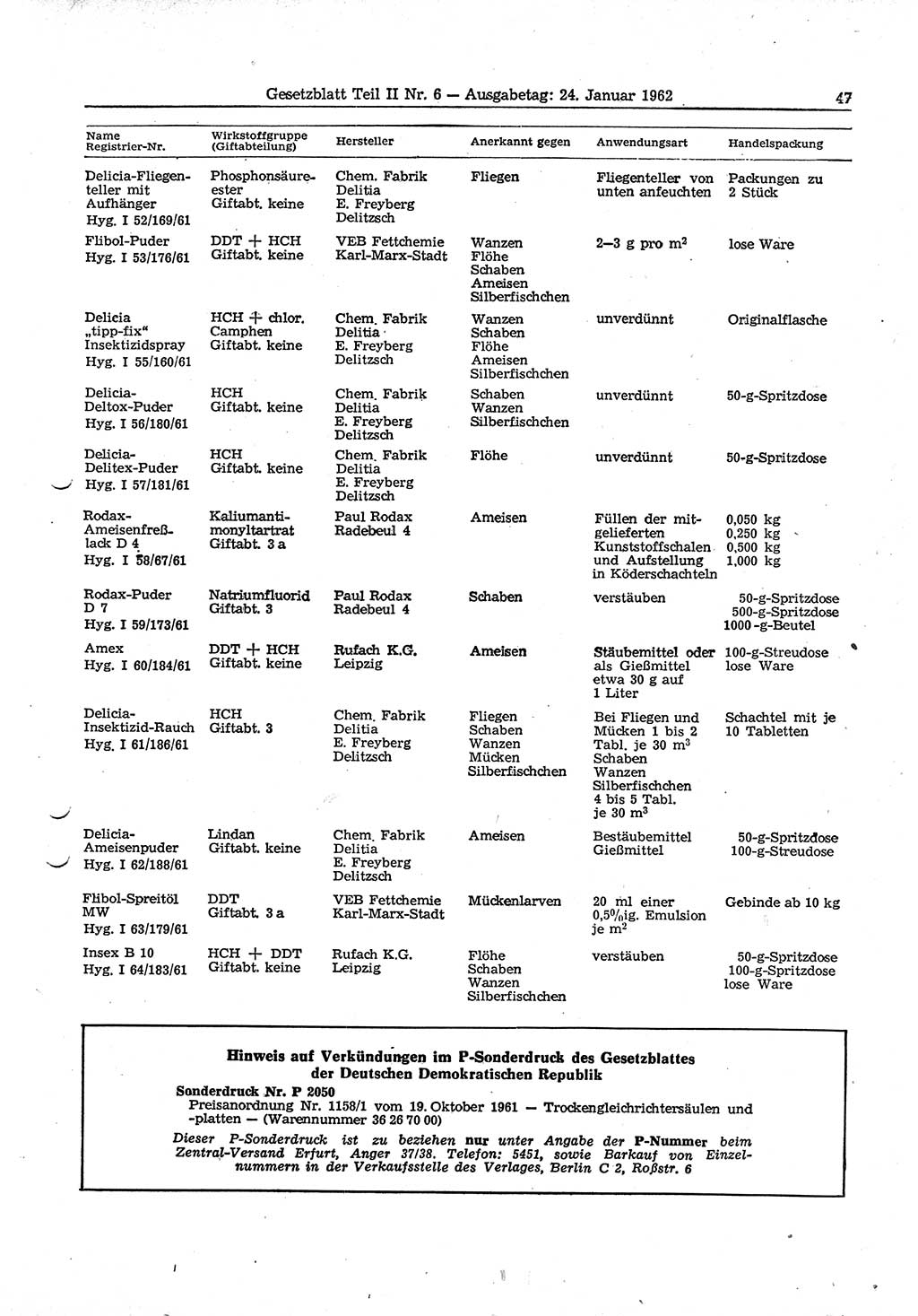 Gesetzblatt (GBl.) der Deutschen Demokratischen Republik (DDR) Teil ⅠⅠ 1962, Seite 47 (GBl. DDR ⅠⅠ 1962, S. 47)