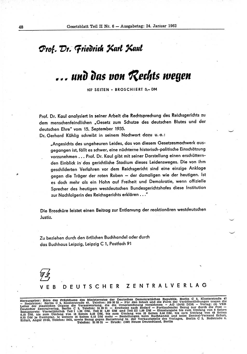 Gesetzblatt (GBl.) der Deutschen Demokratischen Republik (DDR) Teil ⅠⅠ 1962, Seite 48 (GBl. DDR ⅠⅠ 1962, S. 48)
