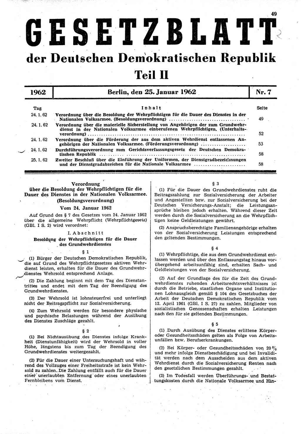 Gesetzblatt (GBl.) der Deutschen Demokratischen Republik (DDR) Teil ⅠⅠ 1962, Seite 49 (GBl. DDR ⅠⅠ 1962, S. 49)