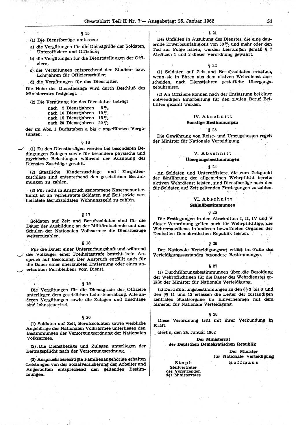 Gesetzblatt (GBl.) der Deutschen Demokratischen Republik (DDR) Teil ⅠⅠ 1962, Seite 51 (GBl. DDR ⅠⅠ 1962, S. 51)