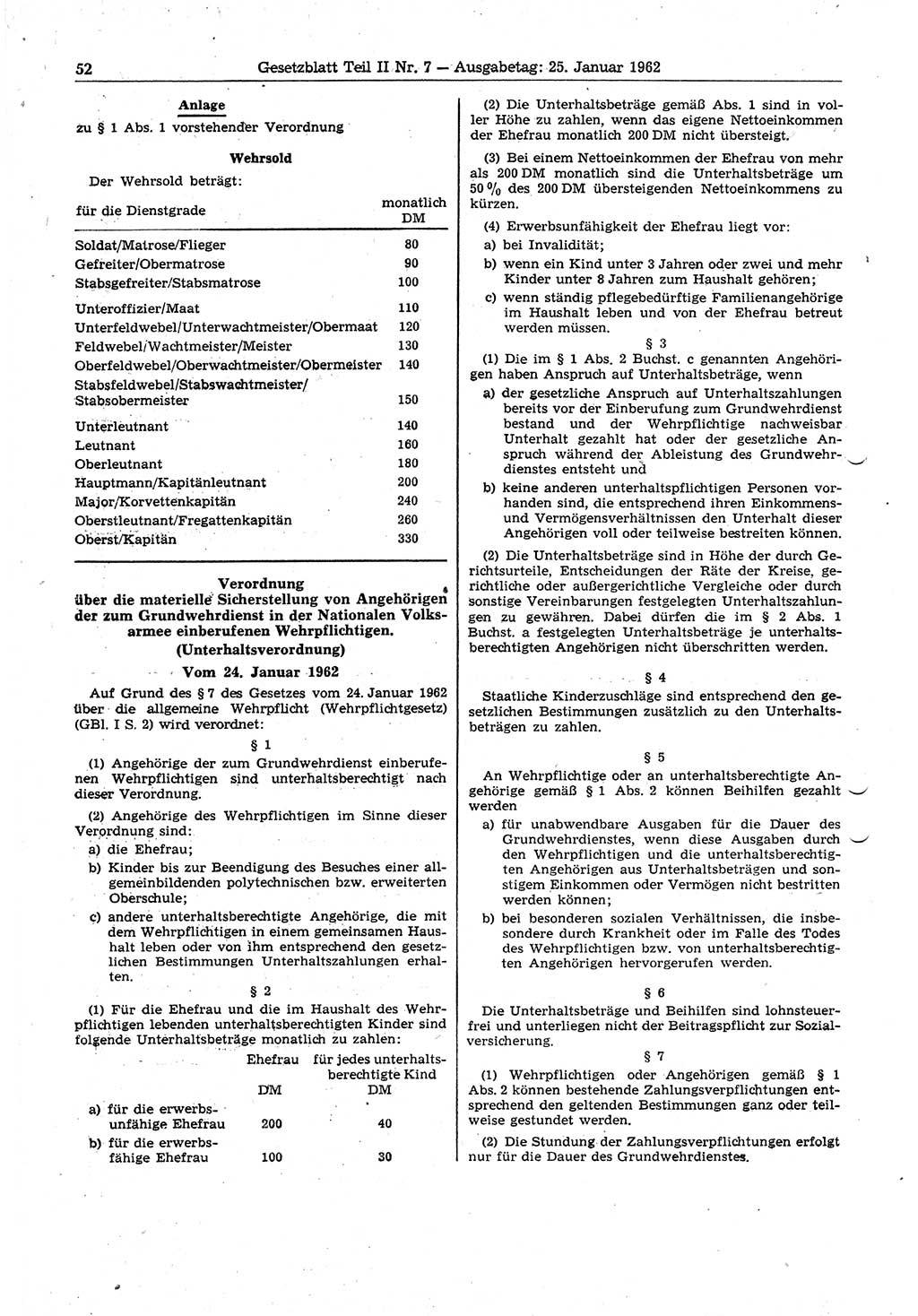 Gesetzblatt (GBl.) der Deutschen Demokratischen Republik (DDR) Teil ⅠⅠ 1962, Seite 52 (GBl. DDR ⅠⅠ 1962, S. 52)