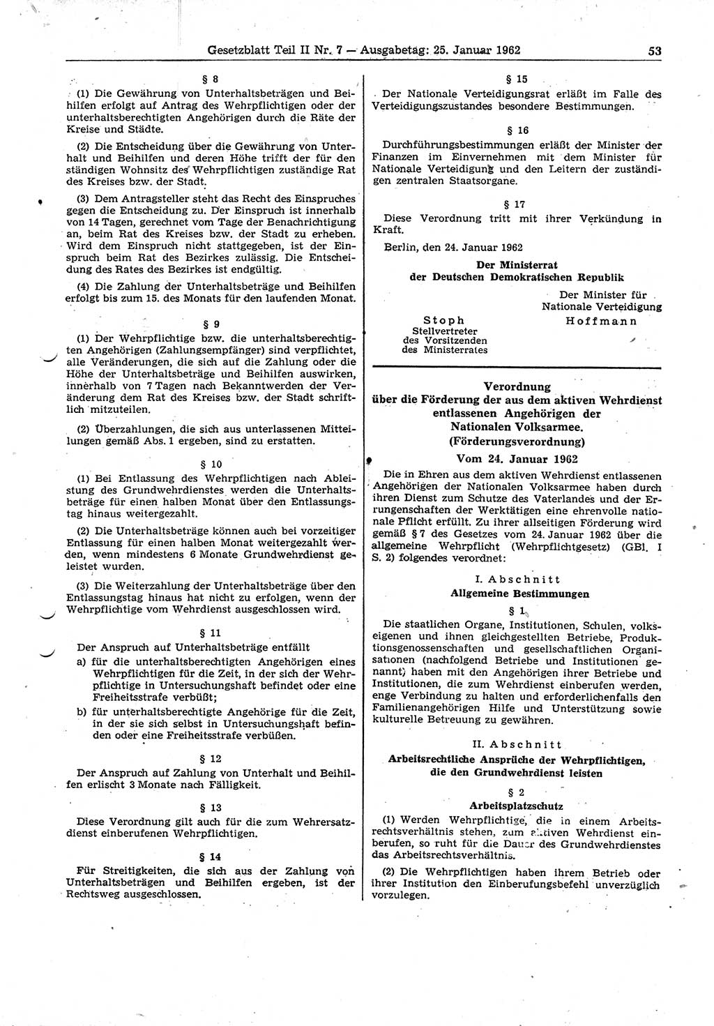 Gesetzblatt (GBl.) der Deutschen Demokratischen Republik (DDR) Teil ⅠⅠ 1962, Seite 53 (GBl. DDR ⅠⅠ 1962, S. 53)
