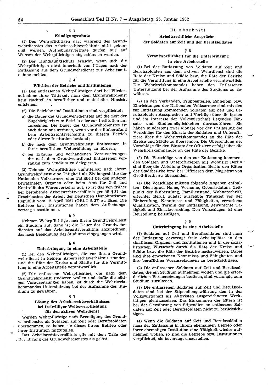Gesetzblatt (GBl.) der Deutschen Demokratischen Republik (DDR) Teil ⅠⅠ 1962, Seite 54 (GBl. DDR ⅠⅠ 1962, S. 54)