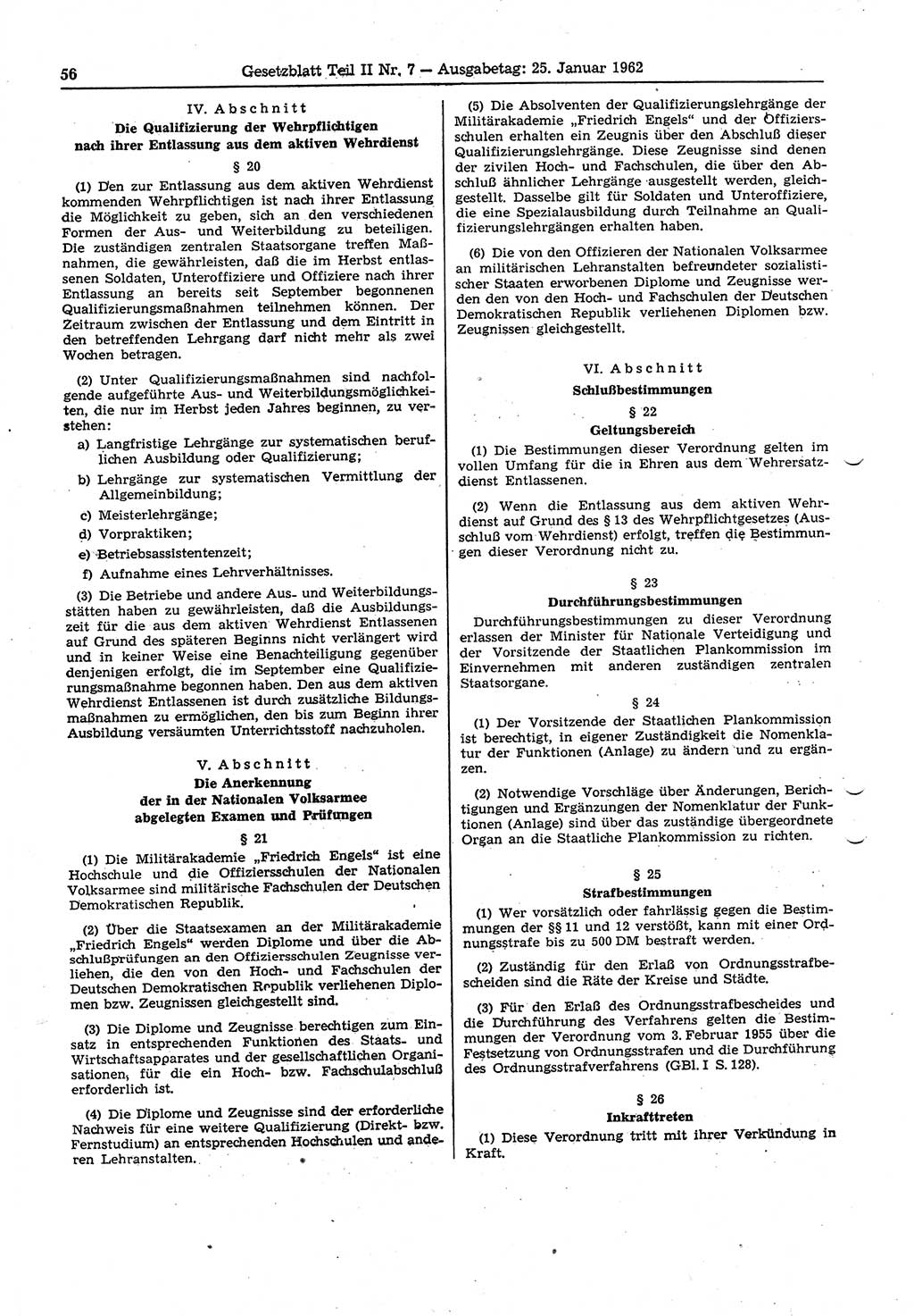 Gesetzblatt (GBl.) der Deutschen Demokratischen Republik (DDR) Teil ⅠⅠ 1962, Seite 56 (GBl. DDR ⅠⅠ 1962, S. 56)