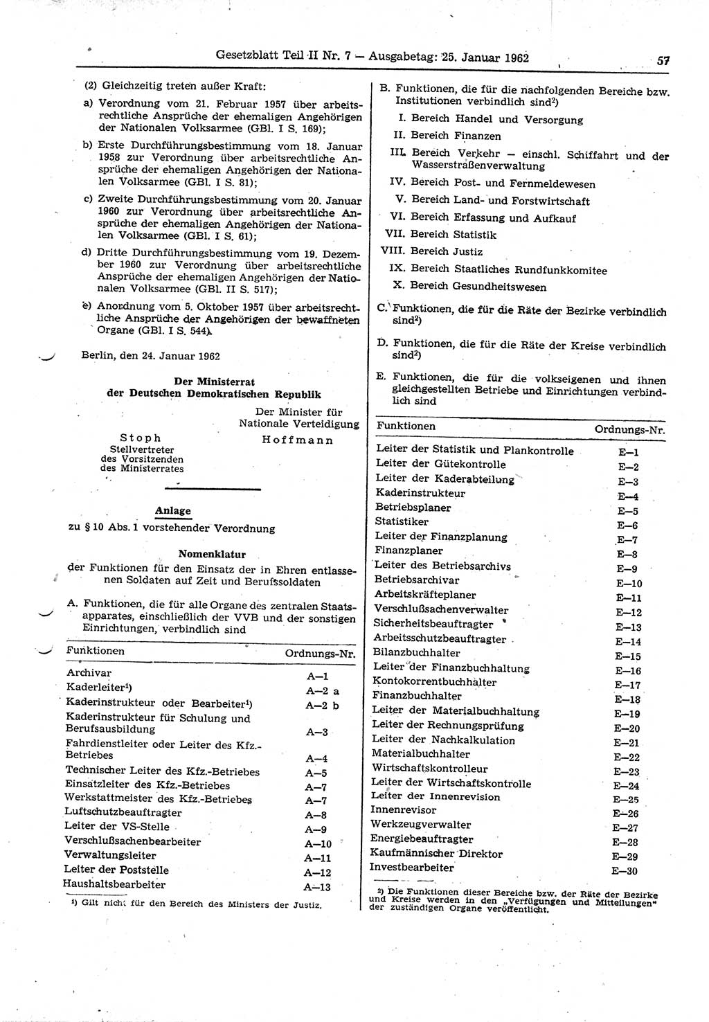 Gesetzblatt (GBl.) der Deutschen Demokratischen Republik (DDR) Teil ⅠⅠ 1962, Seite 57 (GBl. DDR ⅠⅠ 1962, S. 57)