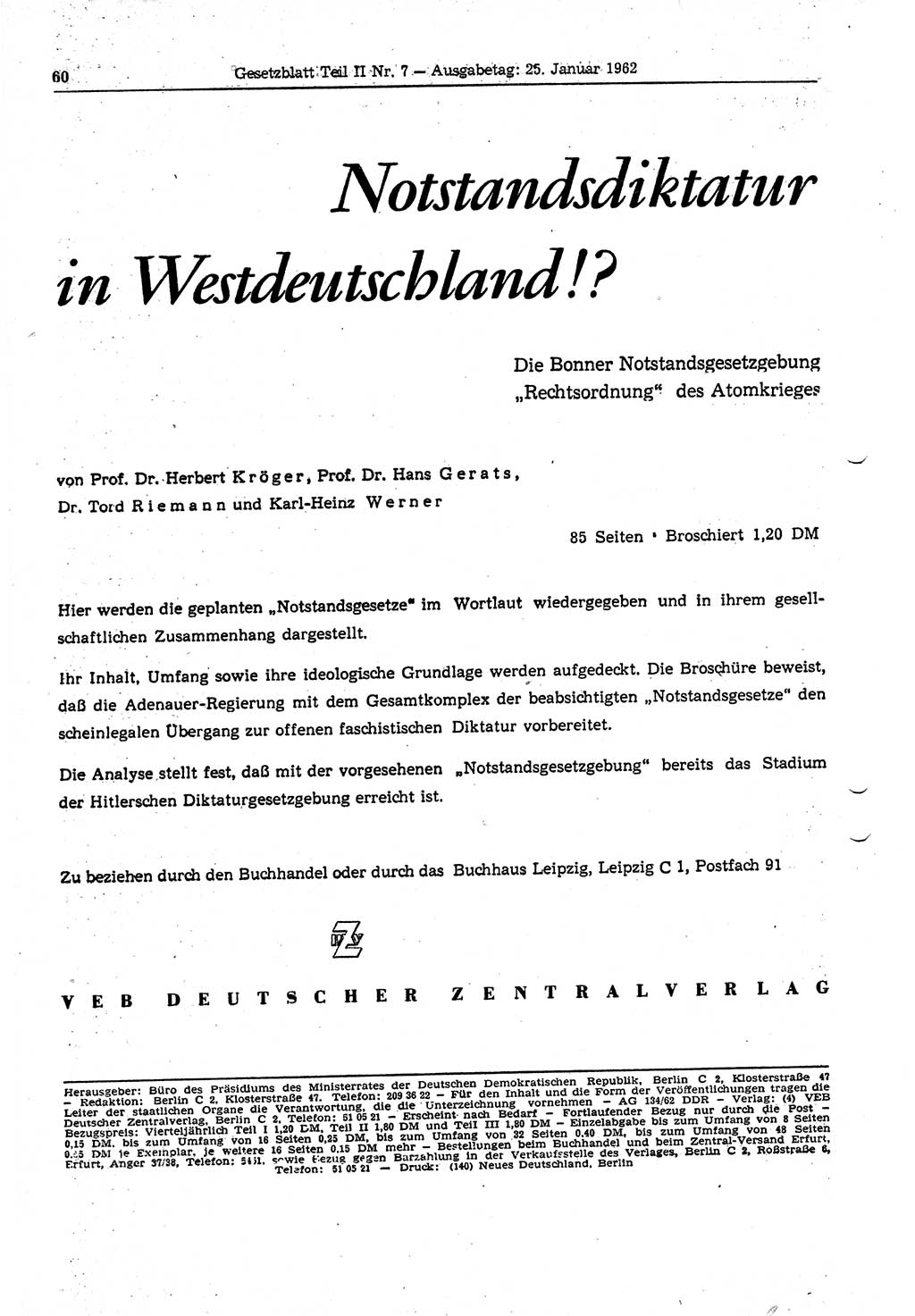 Gesetzblatt (GBl.) der Deutschen Demokratischen Republik (DDR) Teil ⅠⅠ 1962, Seite 60 (GBl. DDR ⅠⅠ 1962, S. 60)