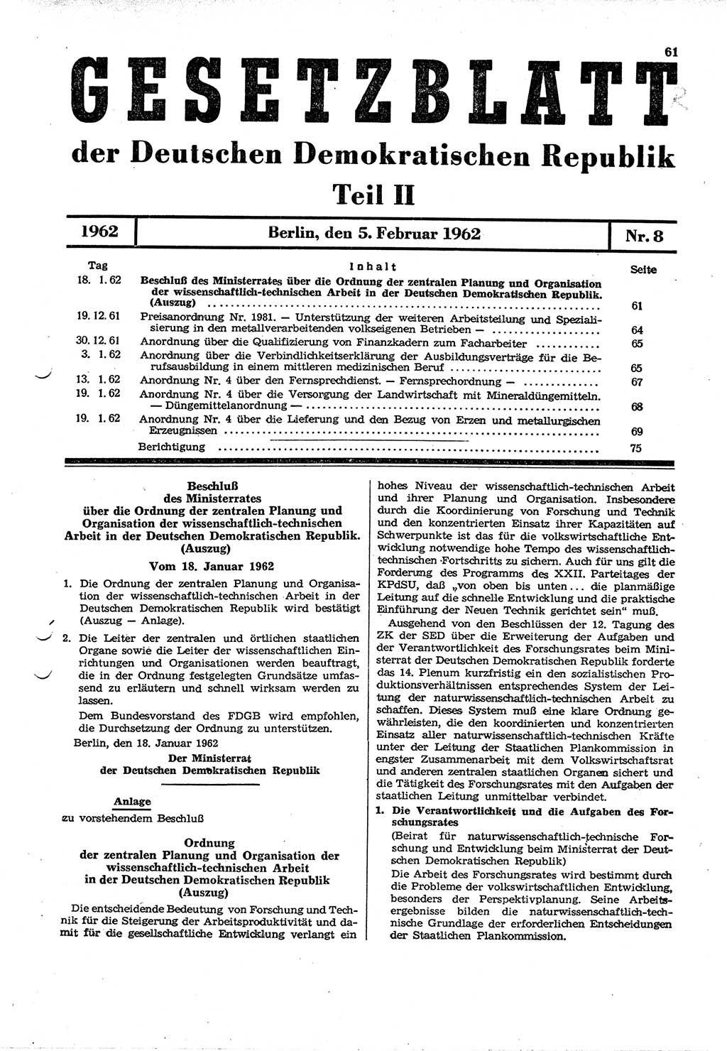 Gesetzblatt (GBl.) der Deutschen Demokratischen Republik (DDR) Teil ⅠⅠ 1962, Seite 61 (GBl. DDR ⅠⅠ 1962, S. 61)