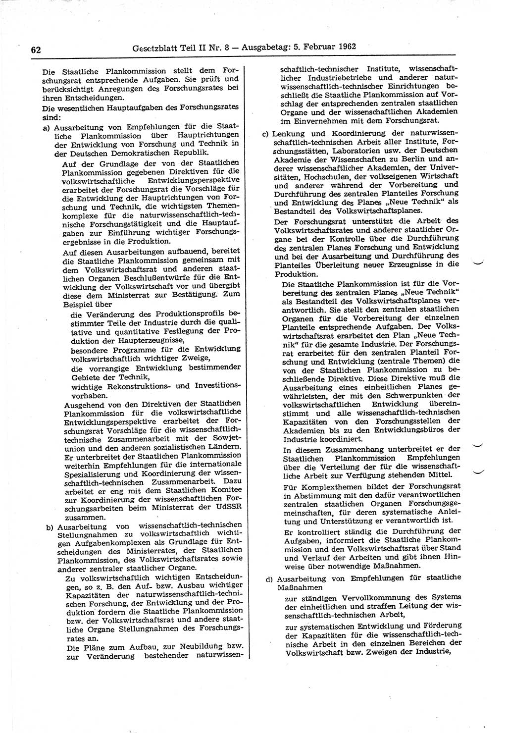 Gesetzblatt (GBl.) der Deutschen Demokratischen Republik (DDR) Teil ⅠⅠ 1962, Seite 62 (GBl. DDR ⅠⅠ 1962, S. 62)