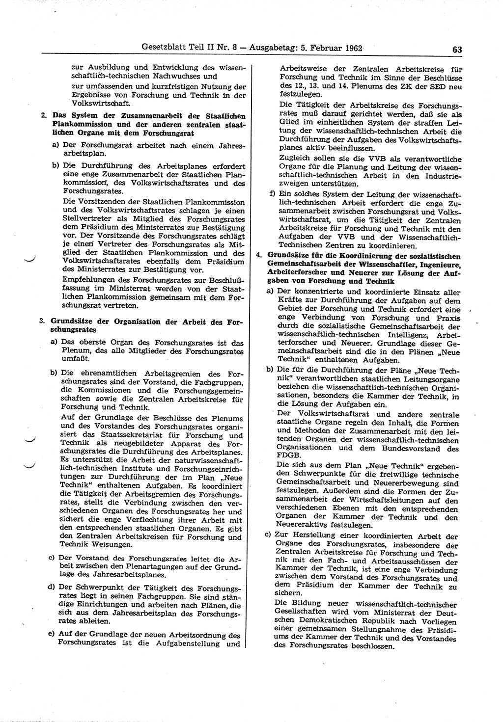 Gesetzblatt (GBl.) der Deutschen Demokratischen Republik (DDR) Teil ⅠⅠ 1962, Seite 63 (GBl. DDR ⅠⅠ 1962, S. 63)