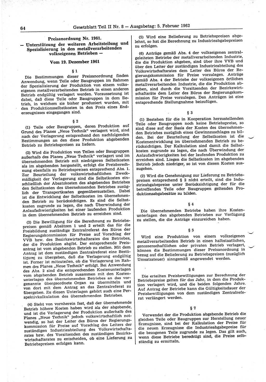 Gesetzblatt (GBl.) der Deutschen Demokratischen Republik (DDR) Teil ⅠⅠ 1962, Seite 64 (GBl. DDR ⅠⅠ 1962, S. 64)