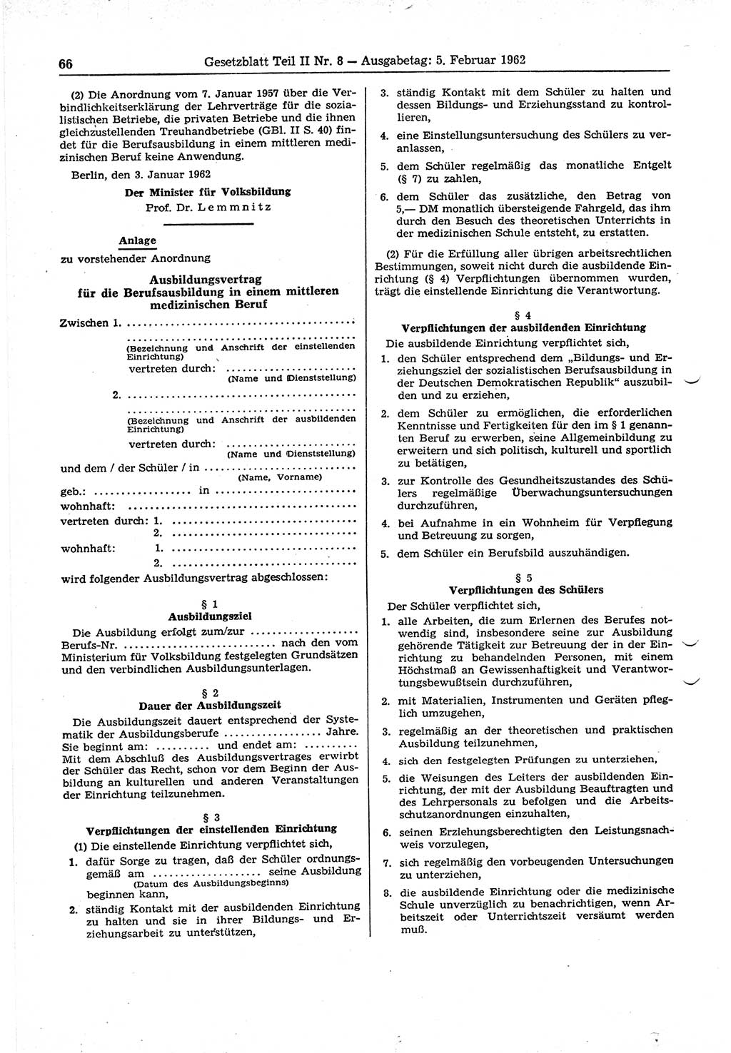 Gesetzblatt (GBl.) der Deutschen Demokratischen Republik (DDR) Teil ⅠⅠ 1962, Seite 66 (GBl. DDR ⅠⅠ 1962, S. 66)