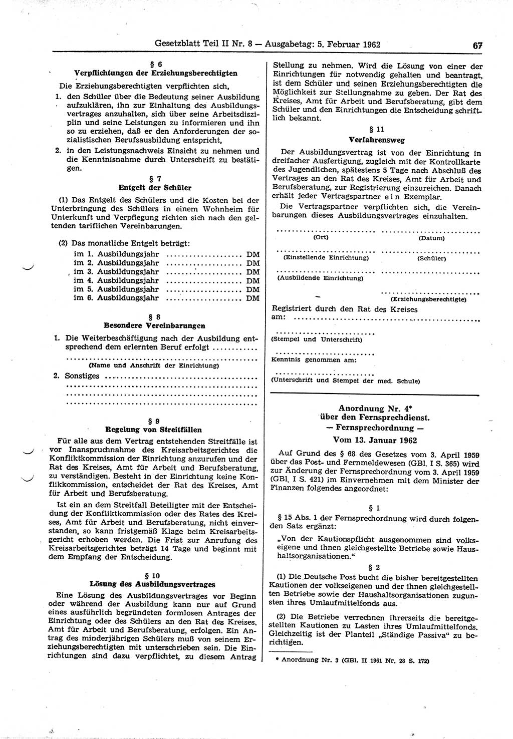 Gesetzblatt (GBl.) der Deutschen Demokratischen Republik (DDR) Teil ⅠⅠ 1962, Seite 67 (GBl. DDR ⅠⅠ 1962, S. 67)