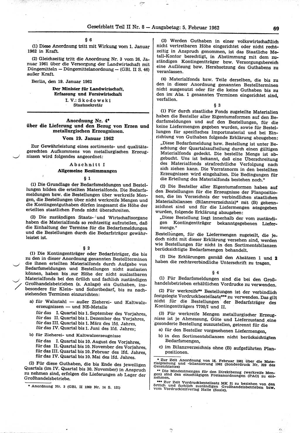 Gesetzblatt (GBl.) der Deutschen Demokratischen Republik (DDR) Teil ⅠⅠ 1962, Seite 69 (GBl. DDR ⅠⅠ 1962, S. 69)