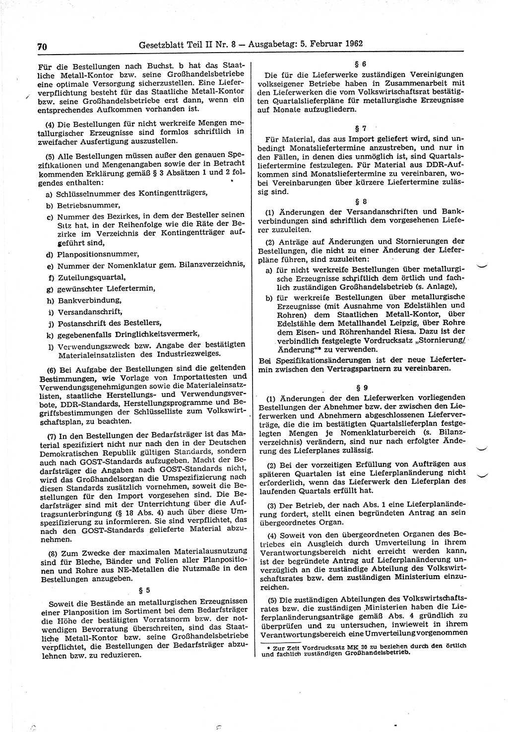 Gesetzblatt (GBl.) der Deutschen Demokratischen Republik (DDR) Teil ⅠⅠ 1962, Seite 70 (GBl. DDR ⅠⅠ 1962, S. 70)