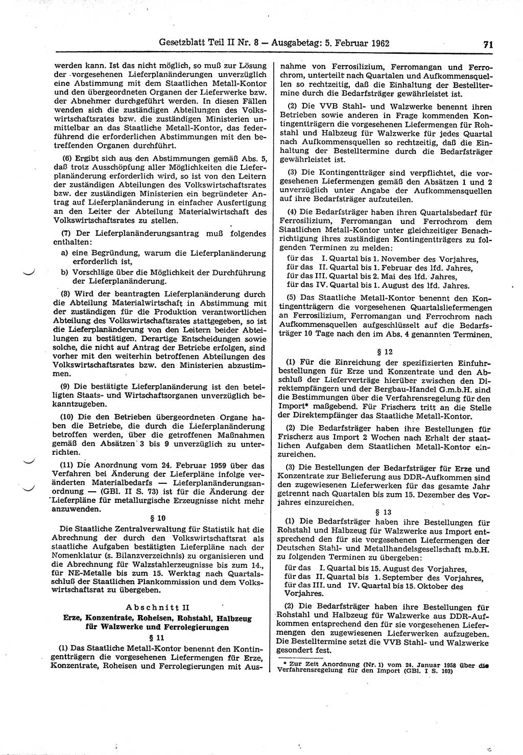 Gesetzblatt (GBl.) der Deutschen Demokratischen Republik (DDR) Teil ⅠⅠ 1962, Seite 71 (GBl. DDR ⅠⅠ 1962, S. 71)