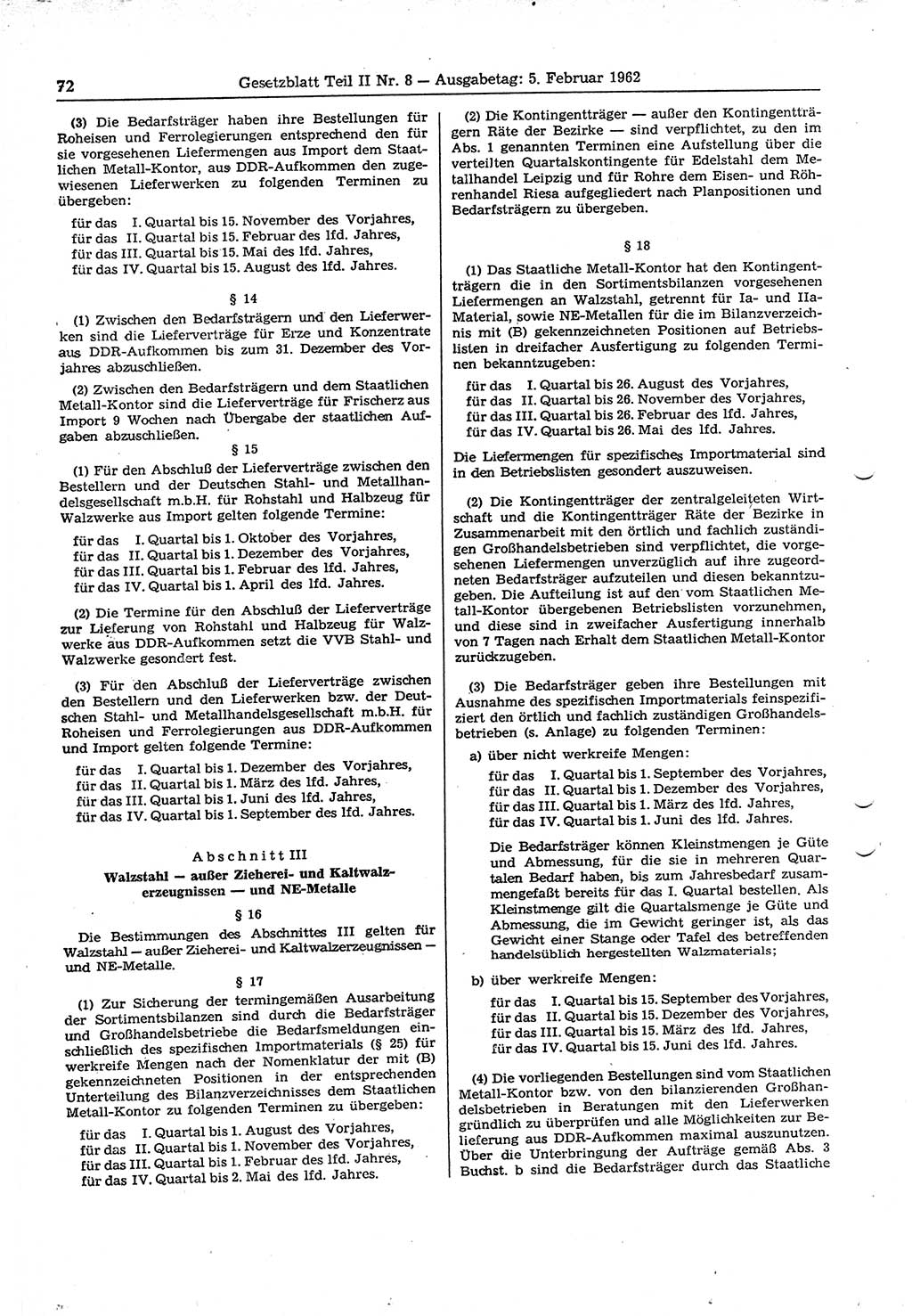 Gesetzblatt (GBl.) der Deutschen Demokratischen Republik (DDR) Teil ⅠⅠ 1962, Seite 72 (GBl. DDR ⅠⅠ 1962, S. 72)