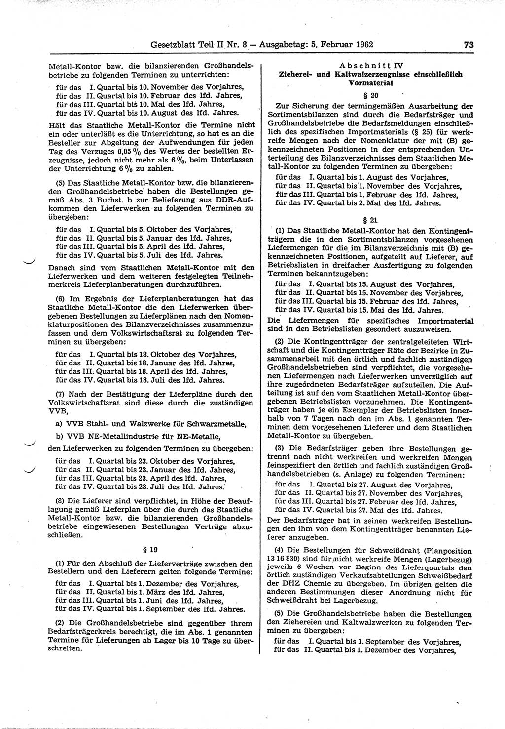 Gesetzblatt (GBl.) der Deutschen Demokratischen Republik (DDR) Teil ⅠⅠ 1962, Seite 73 (GBl. DDR ⅠⅠ 1962, S. 73)