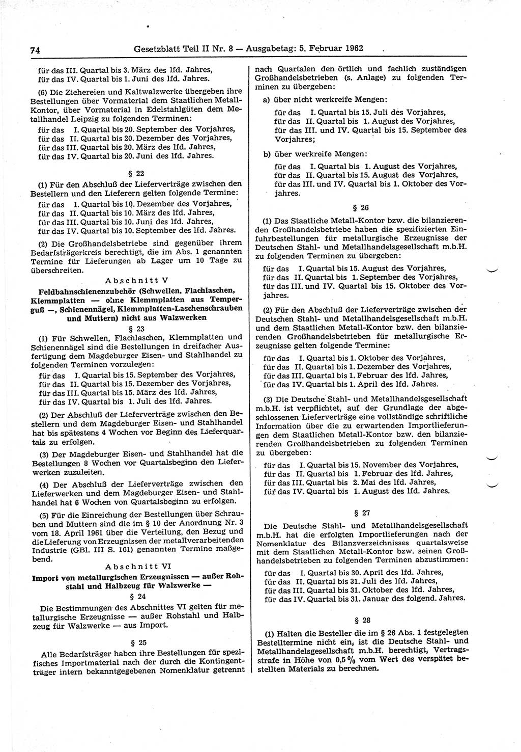 Gesetzblatt (GBl.) der Deutschen Demokratischen Republik (DDR) Teil ⅠⅠ 1962, Seite 74 (GBl. DDR ⅠⅠ 1962, S. 74)