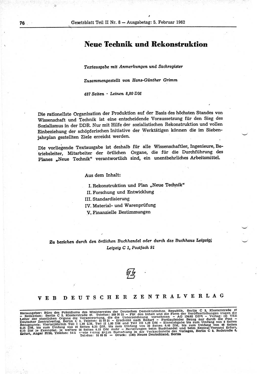Gesetzblatt (GBl.) der Deutschen Demokratischen Republik (DDR) Teil ⅠⅠ 1962, Seite 76 (GBl. DDR ⅠⅠ 1962, S. 76)