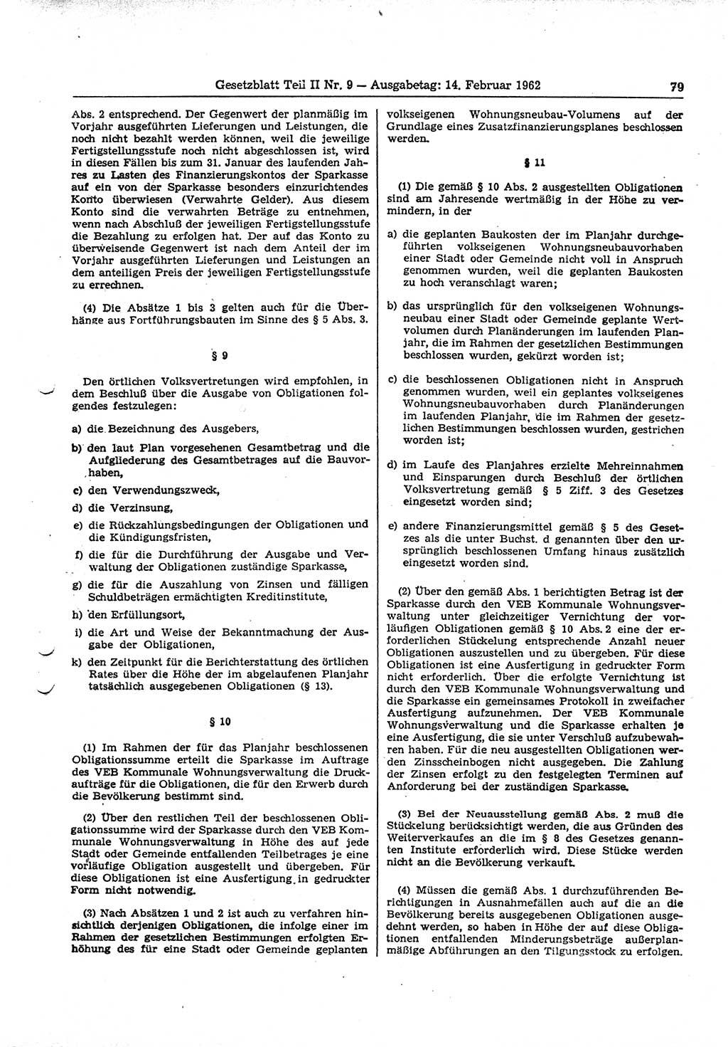 Gesetzblatt (GBl.) der Deutschen Demokratischen Republik (DDR) Teil ⅠⅠ 1962, Seite 79 (GBl. DDR ⅠⅠ 1962, S. 79)