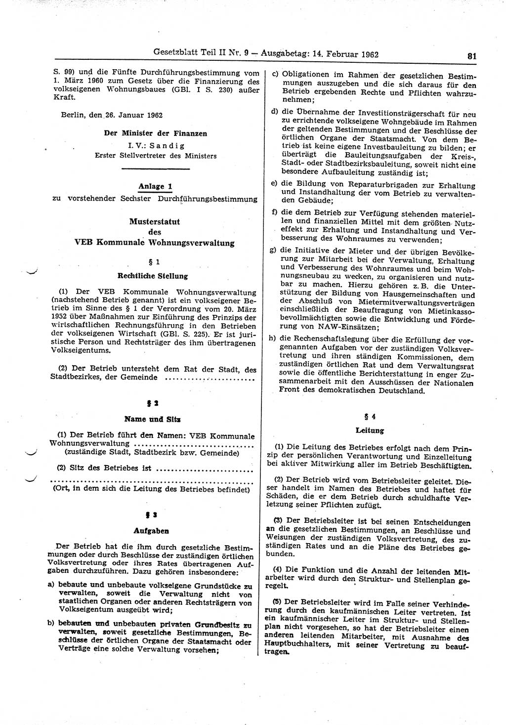 Gesetzblatt (GBl.) der Deutschen Demokratischen Republik (DDR) Teil ⅠⅠ 1962, Seite 81 (GBl. DDR ⅠⅠ 1962, S. 81)