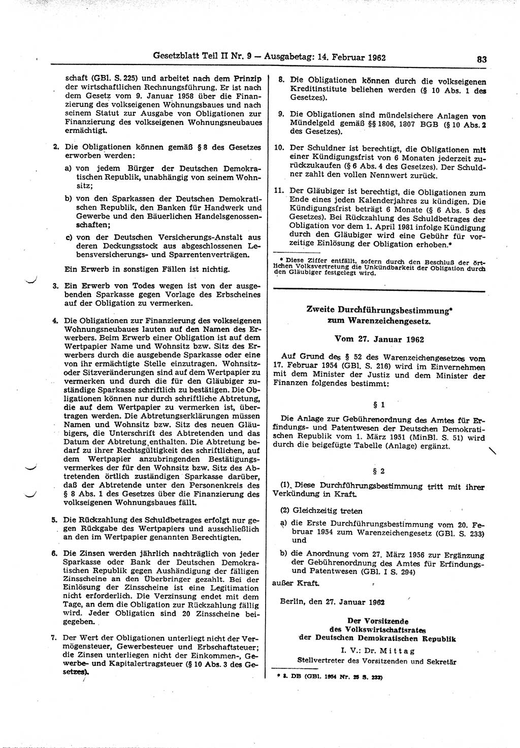 Gesetzblatt (GBl.) der Deutschen Demokratischen Republik (DDR) Teil ⅠⅠ 1962, Seite 83 (GBl. DDR ⅠⅠ 1962, S. 83)