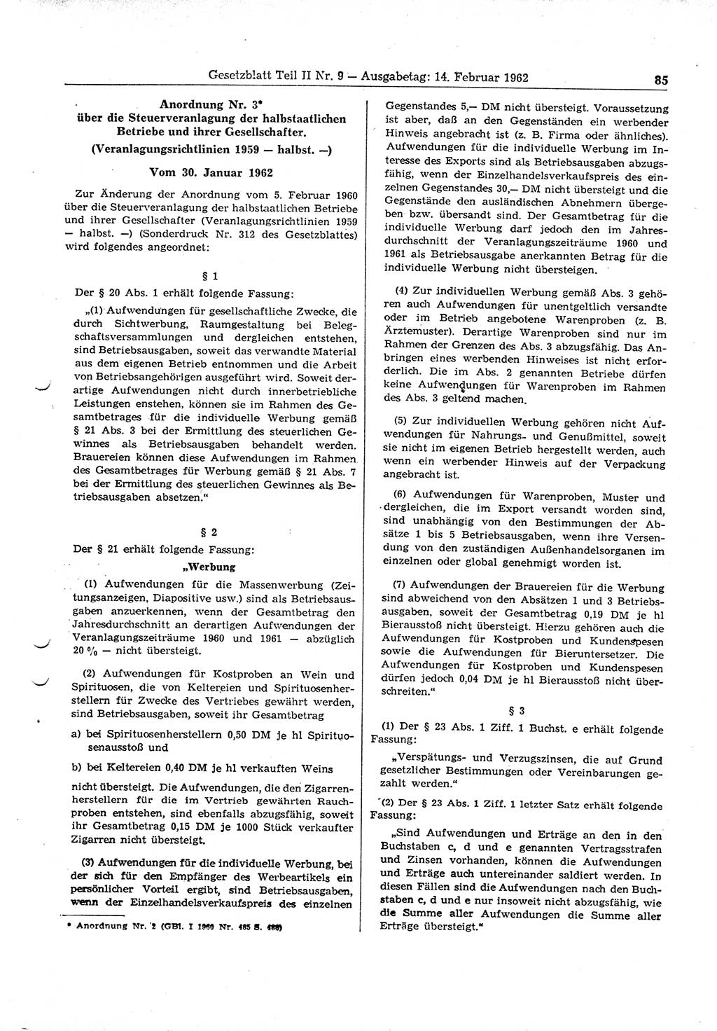 Gesetzblatt (GBl.) der Deutschen Demokratischen Republik (DDR) Teil ⅠⅠ 1962, Seite 85 (GBl. DDR ⅠⅠ 1962, S. 85)