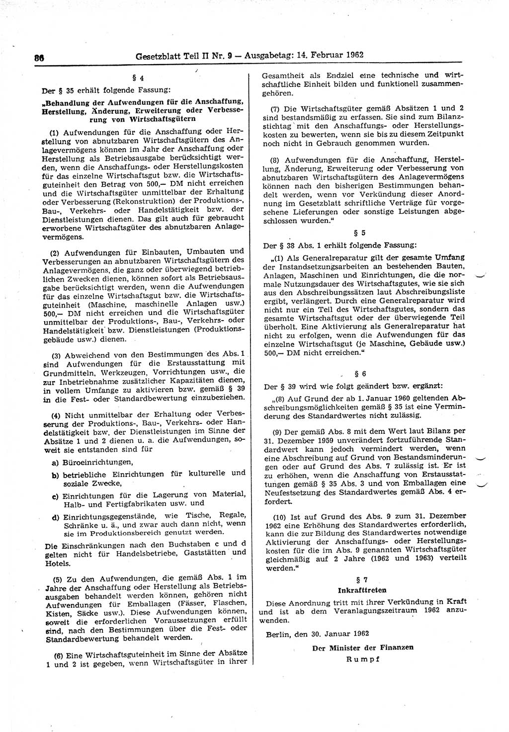 Gesetzblatt (GBl.) der Deutschen Demokratischen Republik (DDR) Teil ⅠⅠ 1962, Seite 86 (GBl. DDR ⅠⅠ 1962, S. 86)