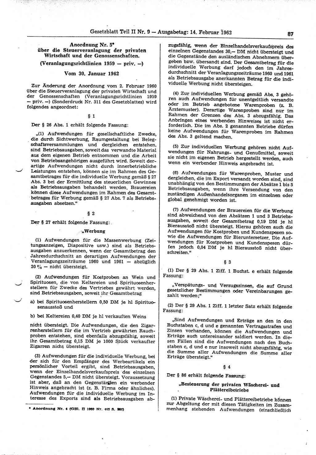Gesetzblatt (GBl.) der Deutschen Demokratischen Republik (DDR) Teil ⅠⅠ 1962, Seite 87 (GBl. DDR ⅠⅠ 1962, S. 87)