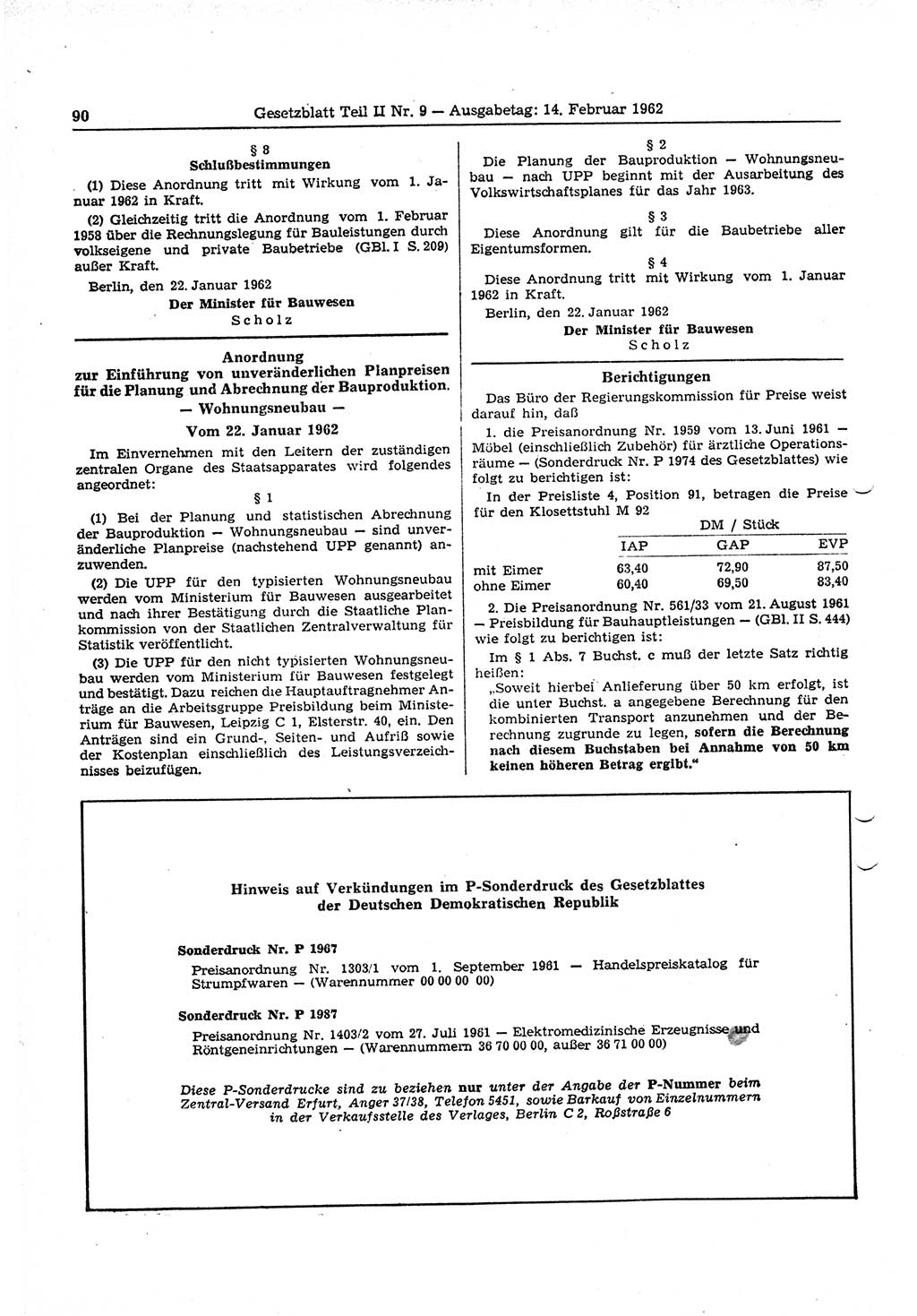 Gesetzblatt (GBl.) der Deutschen Demokratischen Republik (DDR) Teil ⅠⅠ 1962, Seite 90 (GBl. DDR ⅠⅠ 1962, S. 90)