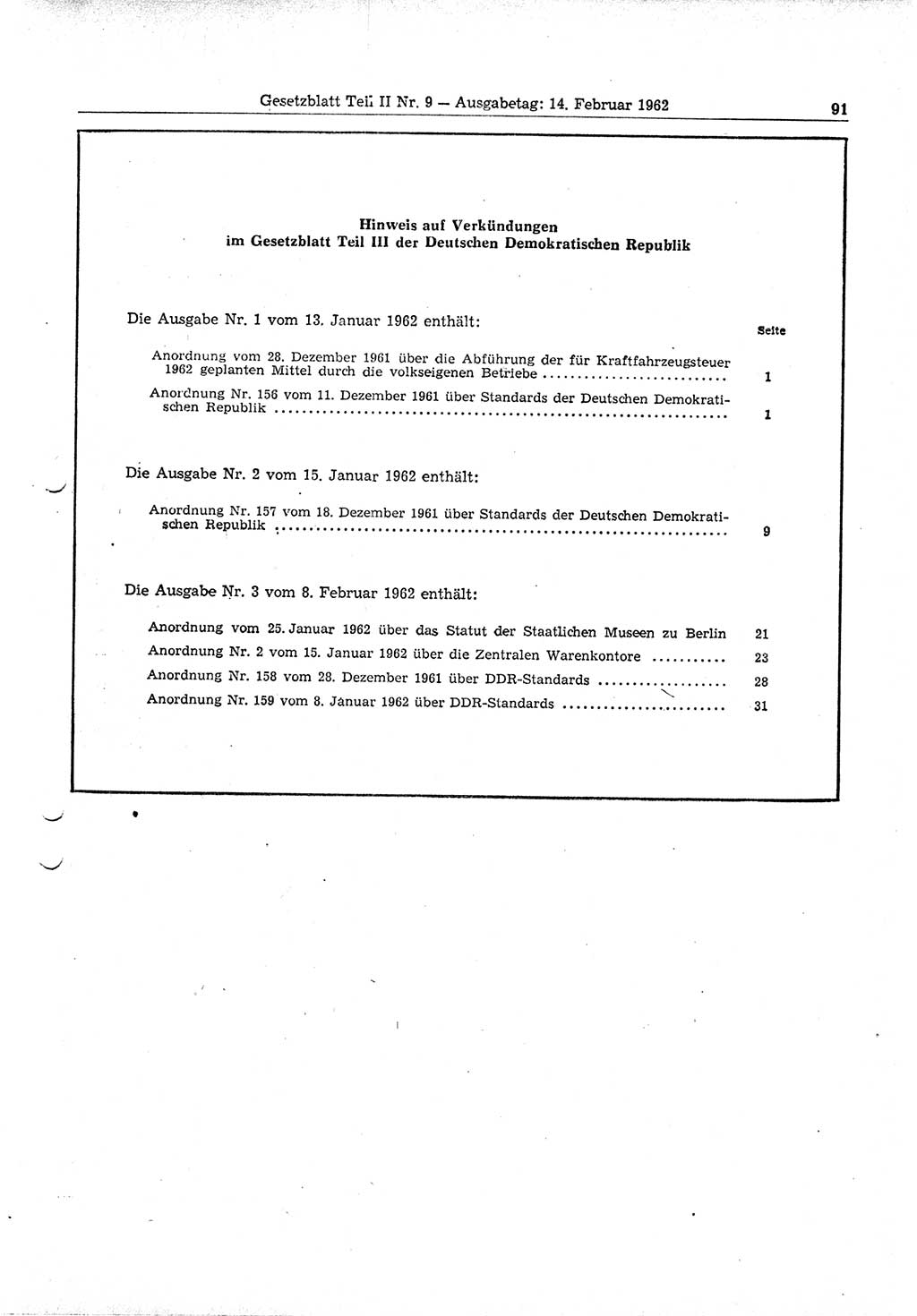 Gesetzblatt (GBl.) der Deutschen Demokratischen Republik (DDR) Teil ⅠⅠ 1962, Seite 91 (GBl. DDR ⅠⅠ 1962, S. 91)