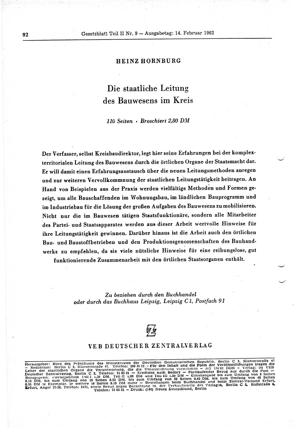 Gesetzblatt (GBl.) der Deutschen Demokratischen Republik (DDR) Teil ⅠⅠ 1962, Seite 92 (GBl. DDR ⅠⅠ 1962, S. 92)