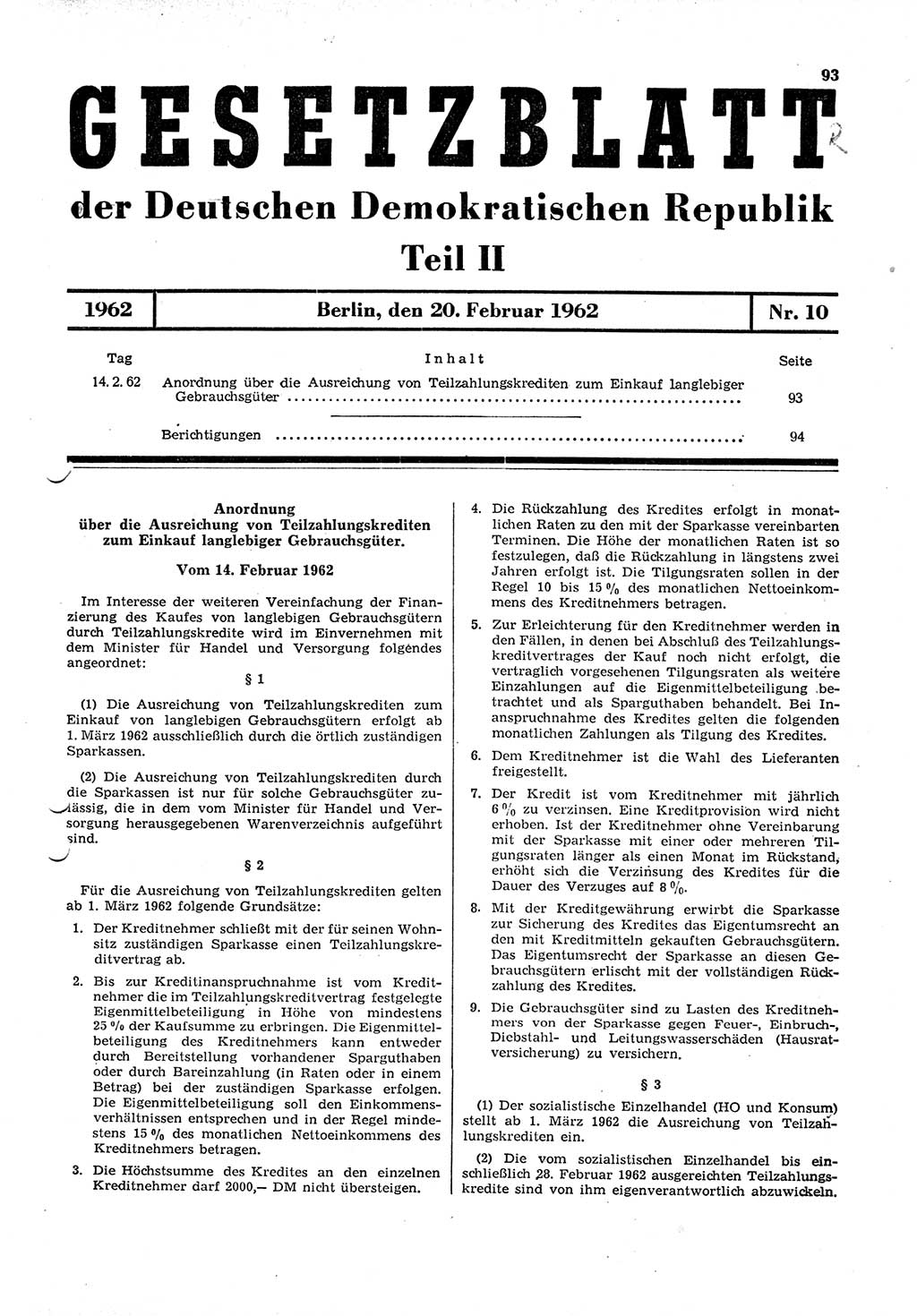 Gesetzblatt (GBl.) der Deutschen Demokratischen Republik (DDR) Teil ⅠⅠ 1962, Seite 93 (GBl. DDR ⅠⅠ 1962, S. 93)