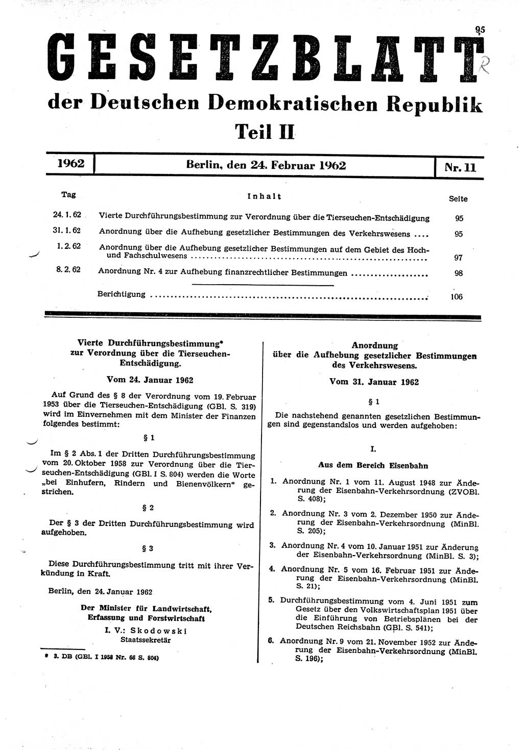 Gesetzblatt (GBl.) der Deutschen Demokratischen Republik (DDR) Teil ⅠⅠ 1962, Seite 95 (GBl. DDR ⅠⅠ 1962, S. 95)