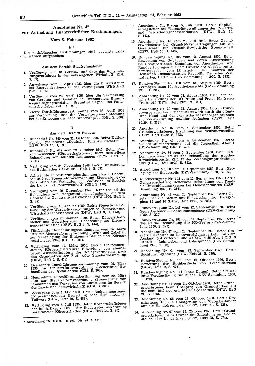 Gesetzblatt (GBl.) der Deutschen Demokratischen Republik (DDR) Teil ⅠⅠ 1962, Seite 98 (GBl. DDR ⅠⅠ 1962, S. 98)