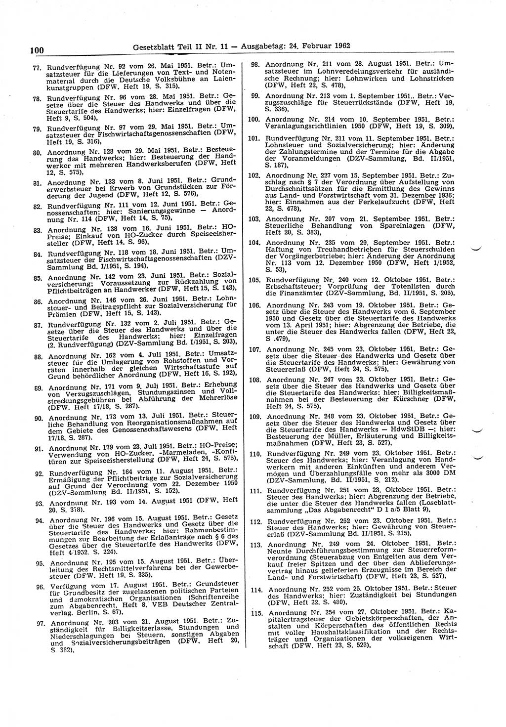 Gesetzblatt (GBl.) der Deutschen Demokratischen Republik (DDR) Teil ⅠⅠ 1962, Seite 100 (GBl. DDR ⅠⅠ 1962, S. 100)