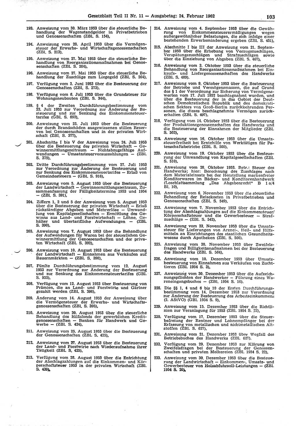 Gesetzblatt (GBl.) der Deutschen Demokratischen Republik (DDR) Teil ⅠⅠ 1962, Seite 103 (GBl. DDR ⅠⅠ 1962, S. 103)