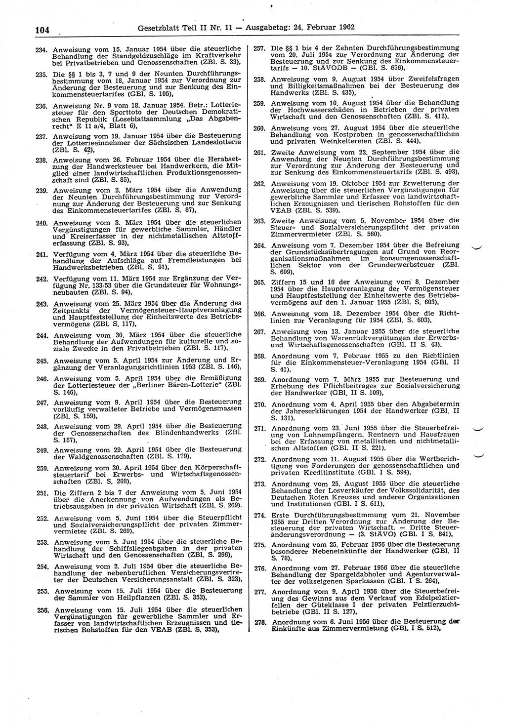 Gesetzblatt (GBl.) der Deutschen Demokratischen Republik (DDR) Teil ⅠⅠ 1962, Seite 104 (GBl. DDR ⅠⅠ 1962, S. 104)