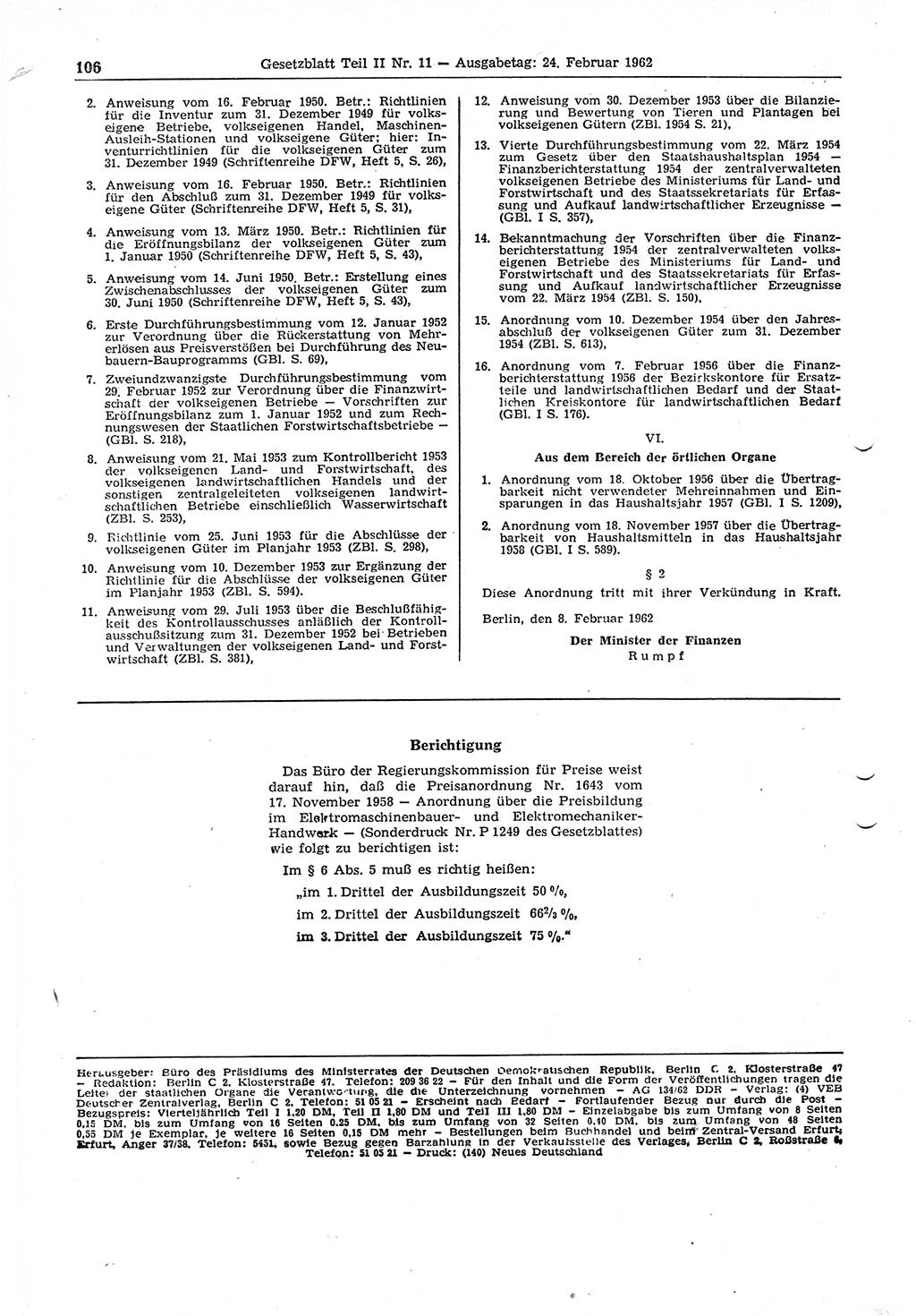 Gesetzblatt (GBl.) der Deutschen Demokratischen Republik (DDR) Teil ⅠⅠ 1962, Seite 106 (GBl. DDR ⅠⅠ 1962, S. 106)