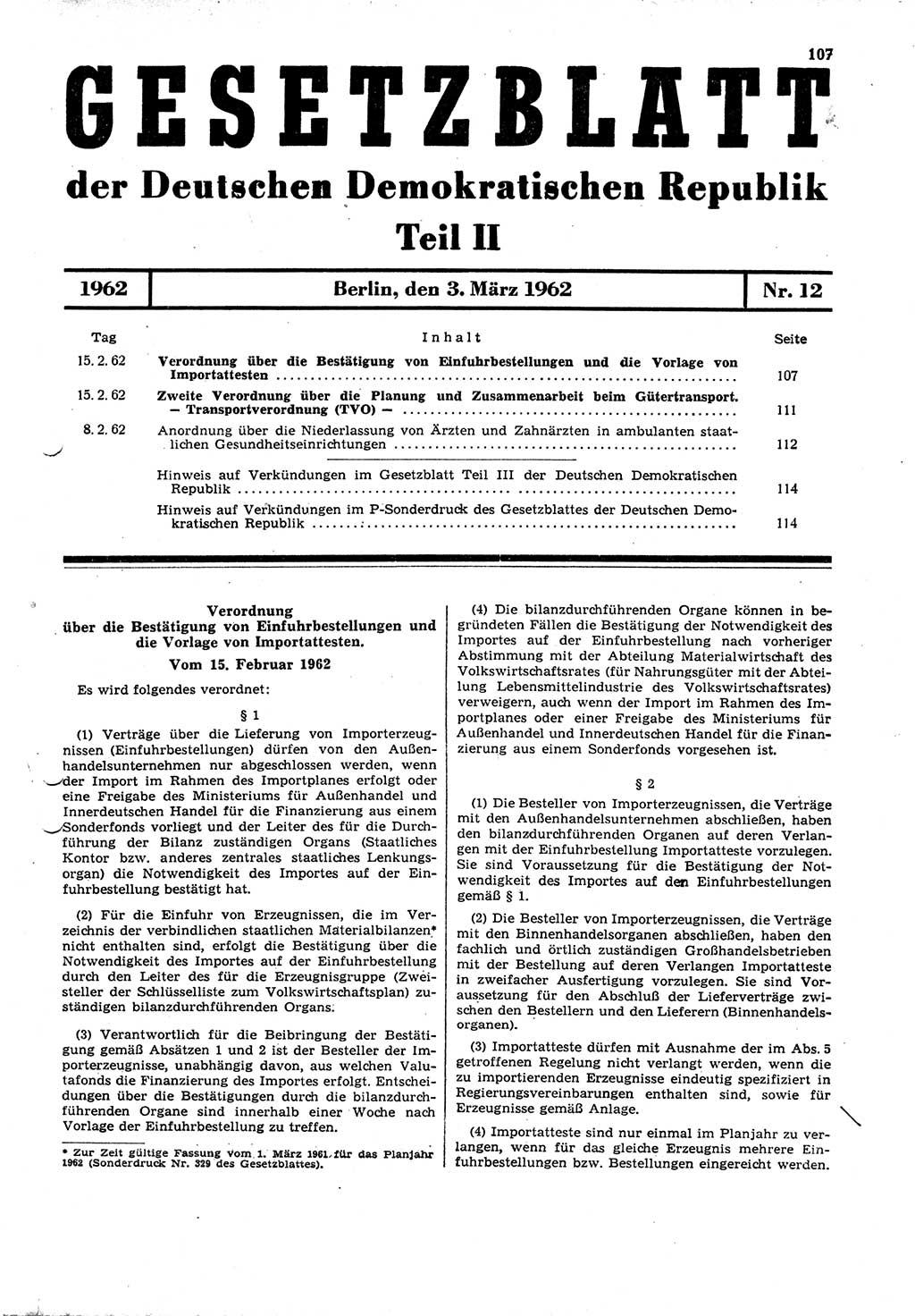 Gesetzblatt (GBl.) der Deutschen Demokratischen Republik (DDR) Teil ⅠⅠ 1962, Seite 107 (GBl. DDR ⅠⅠ 1962, S. 107)