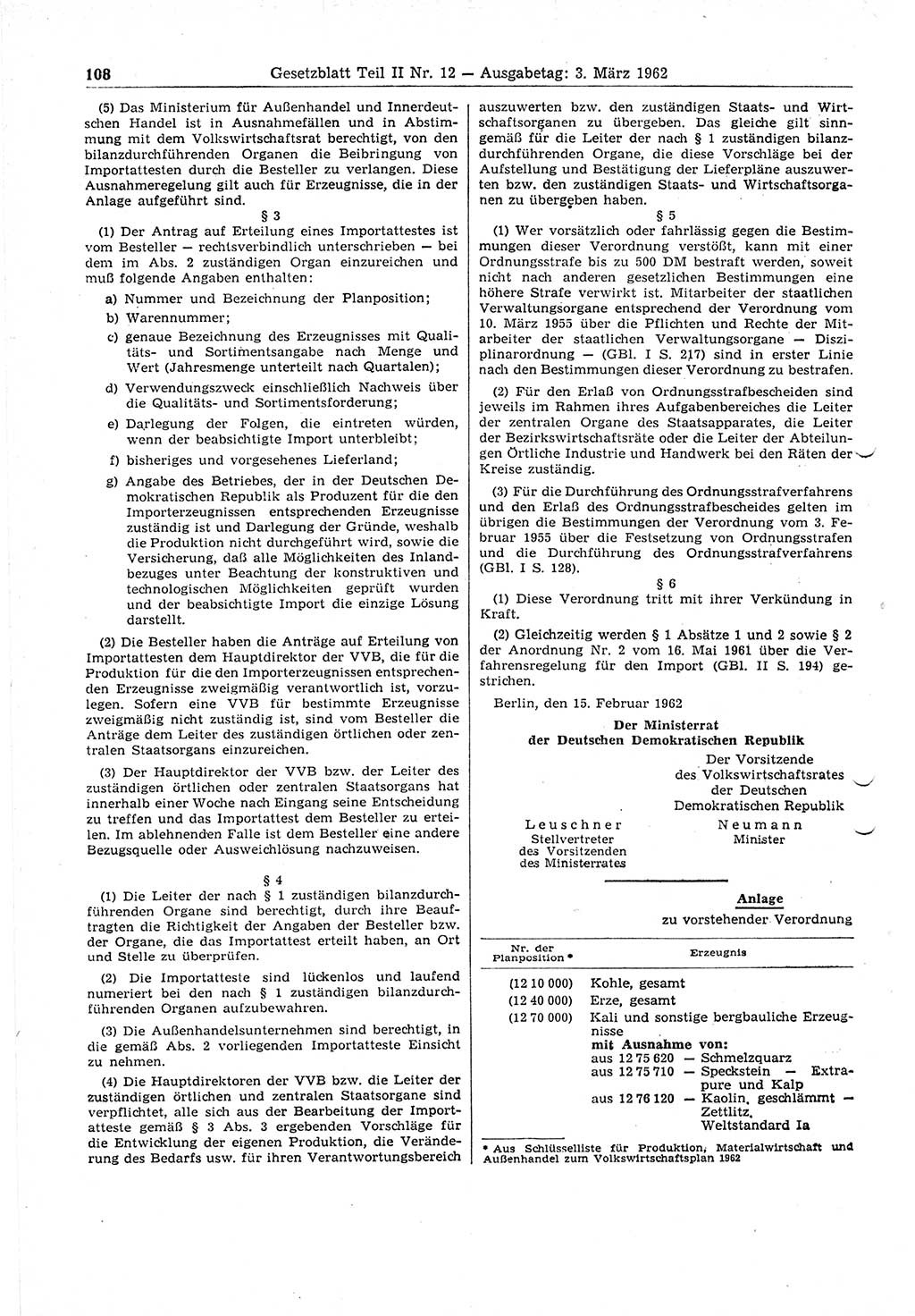 Gesetzblatt (GBl.) der Deutschen Demokratischen Republik (DDR) Teil ⅠⅠ 1962, Seite 108 (GBl. DDR ⅠⅠ 1962, S. 108)