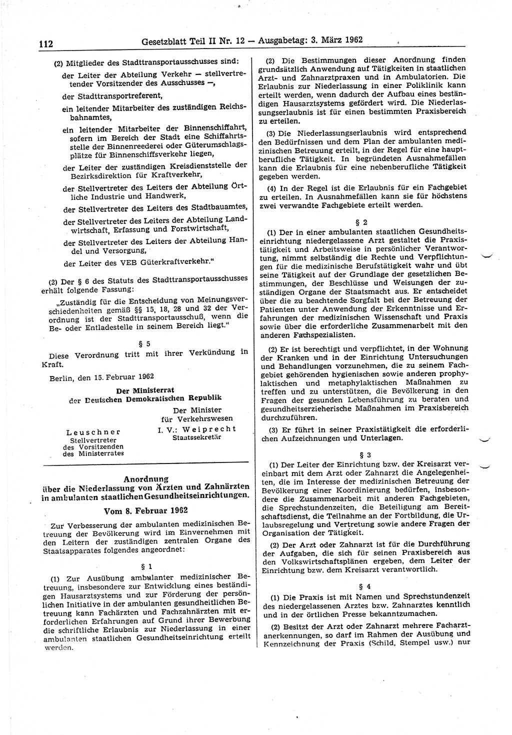 Gesetzblatt (GBl.) der Deutschen Demokratischen Republik (DDR) Teil ⅠⅠ 1962, Seite 112 (GBl. DDR ⅠⅠ 1962, S. 112)