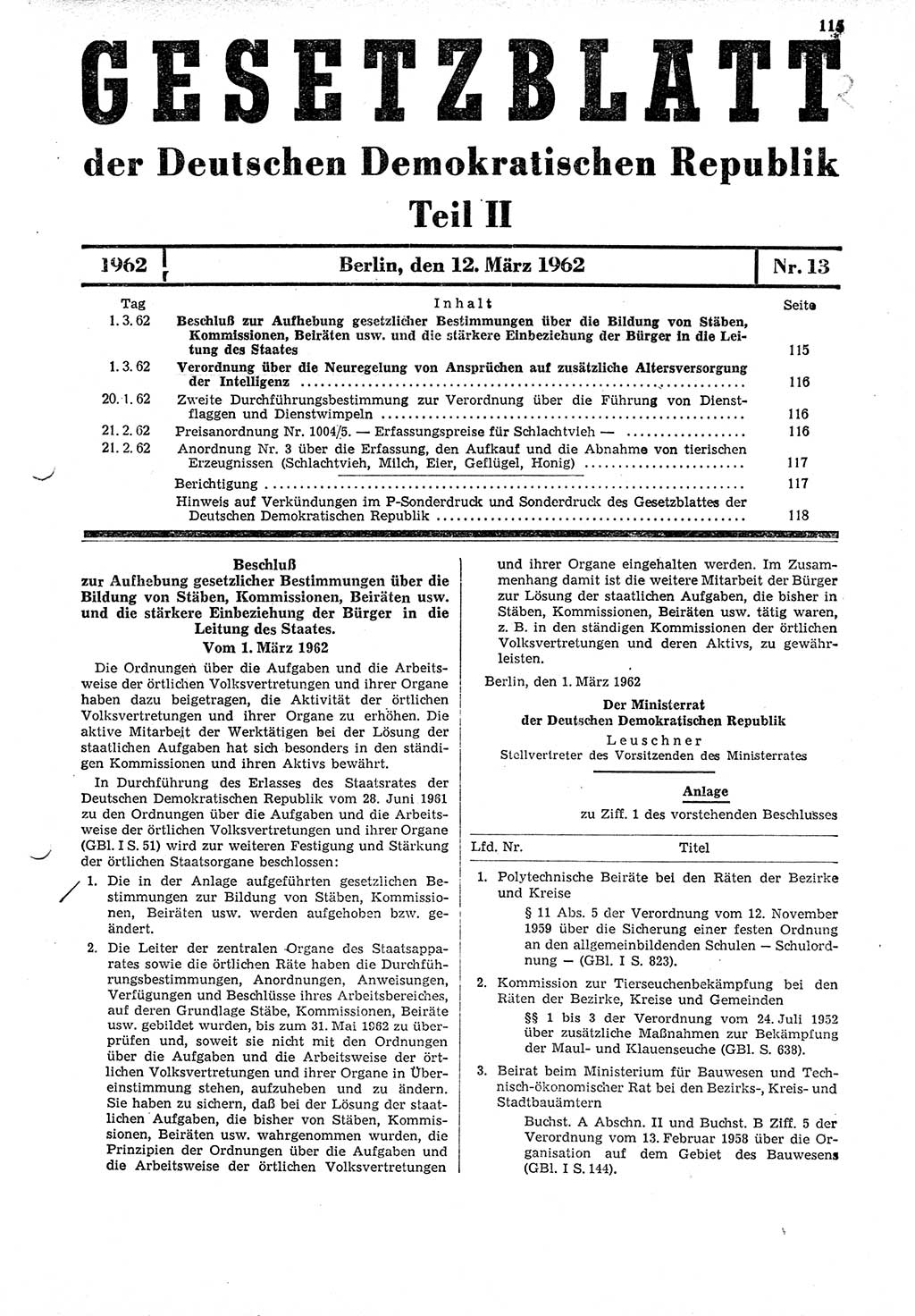 Gesetzblatt (GBl.) der Deutschen Demokratischen Republik (DDR) Teil ⅠⅠ 1962, Seite 115 (GBl. DDR ⅠⅠ 1962, S. 115)