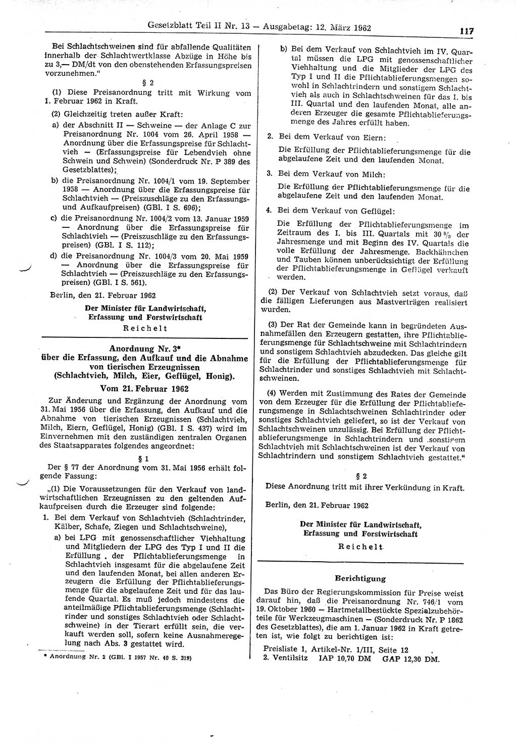 Gesetzblatt (GBl.) der Deutschen Demokratischen Republik (DDR) Teil ⅠⅠ 1962, Seite 117 (GBl. DDR ⅠⅠ 1962, S. 117)