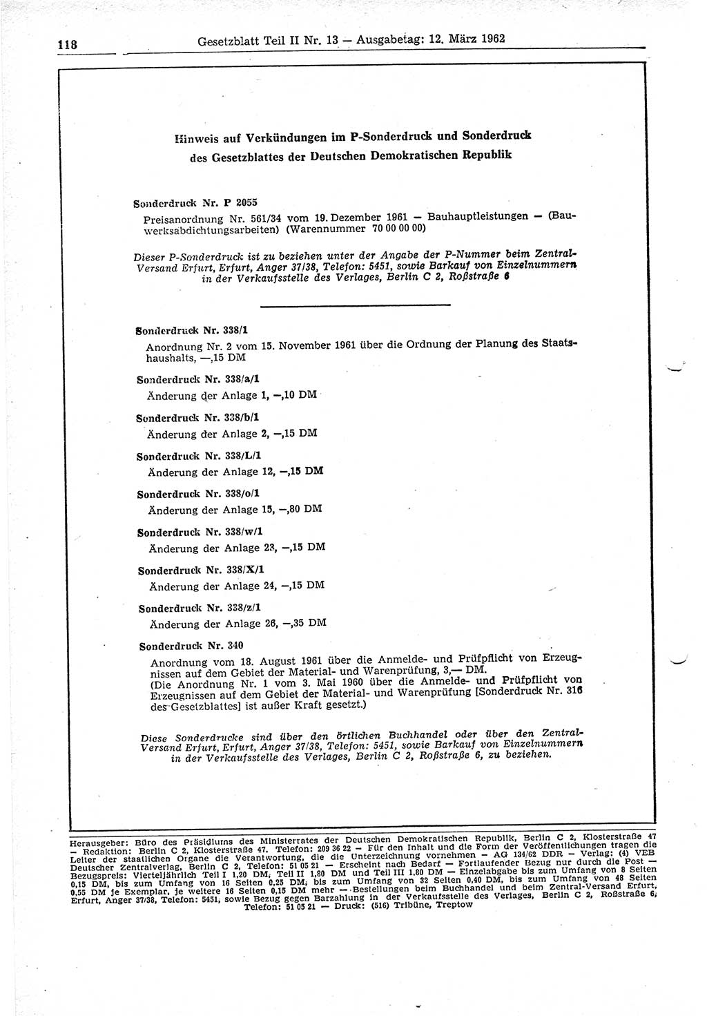 Gesetzblatt (GBl.) der Deutschen Demokratischen Republik (DDR) Teil ⅠⅠ 1962, Seite 118 (GBl. DDR ⅠⅠ 1962, S. 118)