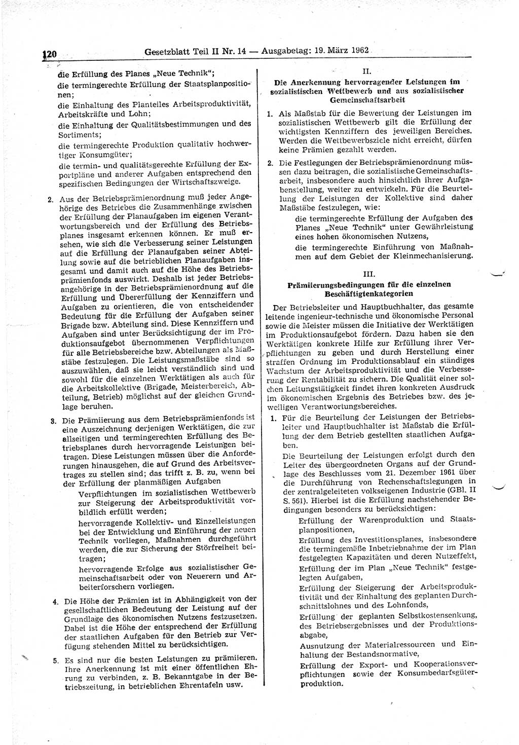 Gesetzblatt (GBl.) der Deutschen Demokratischen Republik (DDR) Teil ⅠⅠ 1962, Seite 120 (GBl. DDR ⅠⅠ 1962, S. 120)