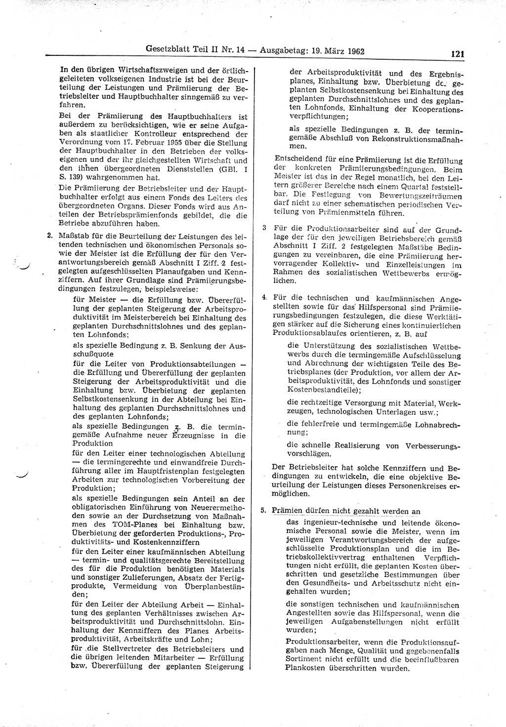 Gesetzblatt (GBl.) der Deutschen Demokratischen Republik (DDR) Teil ⅠⅠ 1962, Seite 121 (GBl. DDR ⅠⅠ 1962, S. 121)