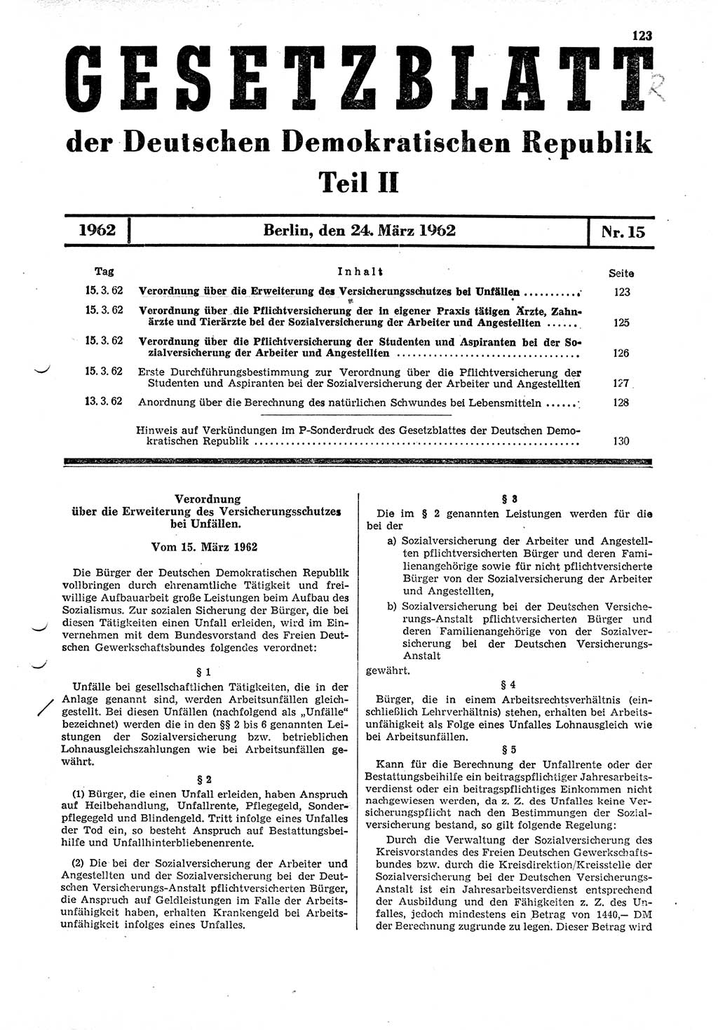 Gesetzblatt (GBl.) der Deutschen Demokratischen Republik (DDR) Teil ⅠⅠ 1962, Seite 123 (GBl. DDR ⅠⅠ 1962, S. 123)