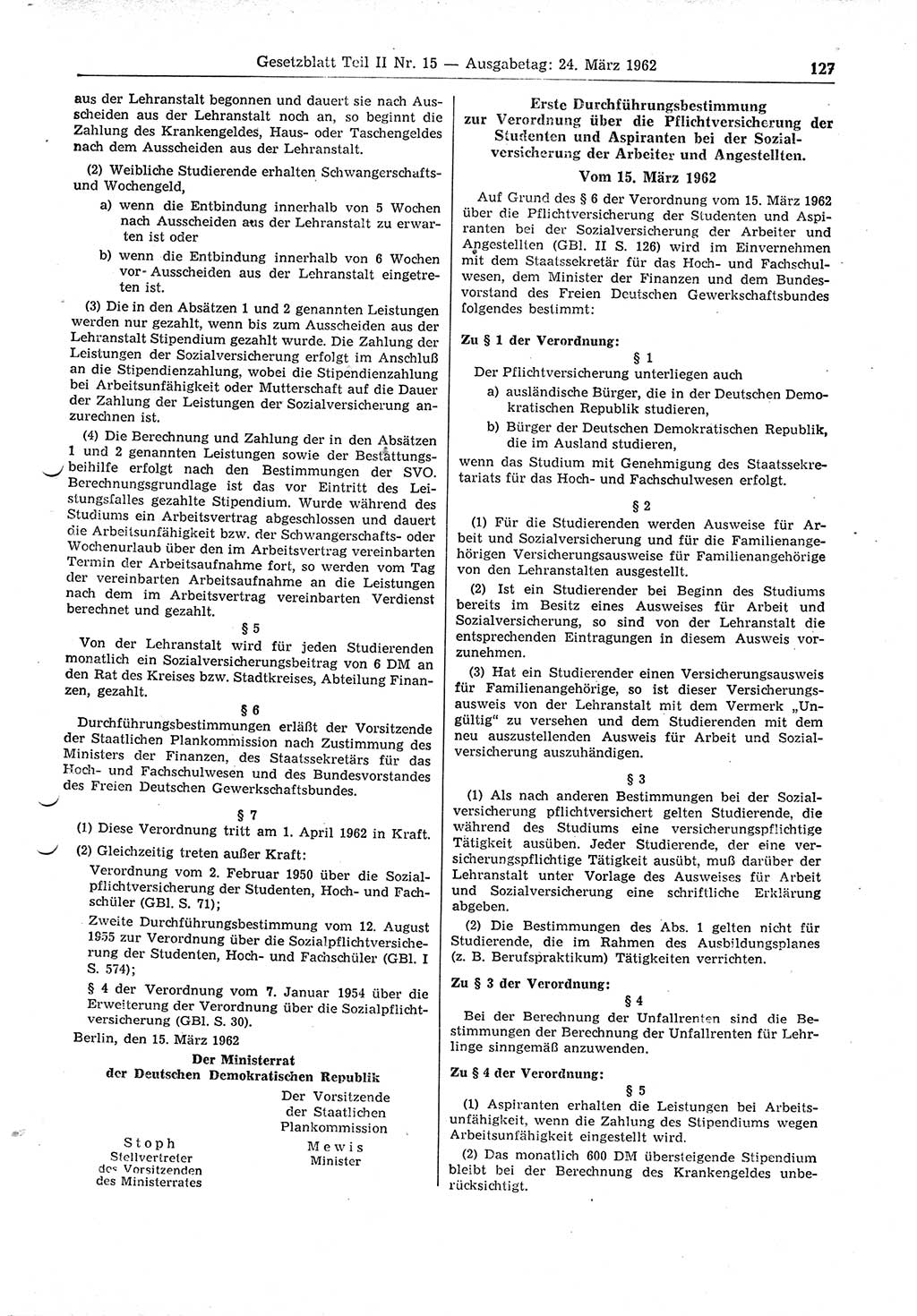 Gesetzblatt (GBl.) der Deutschen Demokratischen Republik (DDR) Teil ⅠⅠ 1962, Seite 127 (GBl. DDR ⅠⅠ 1962, S. 127)
