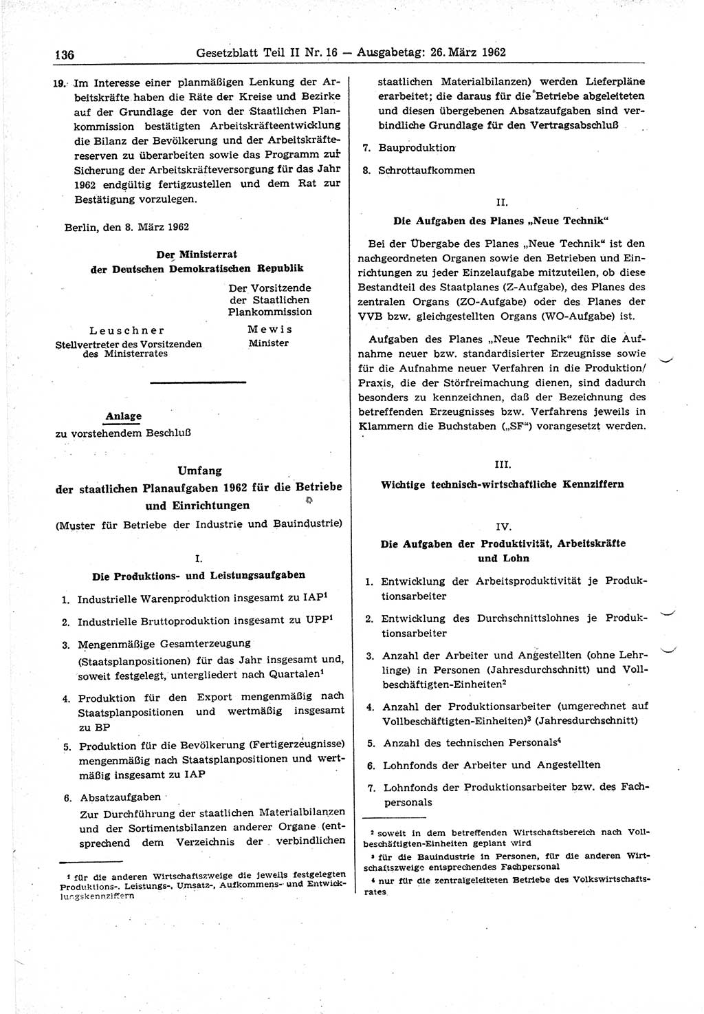 Gesetzblatt (GBl.) der Deutschen Demokratischen Republik (DDR) Teil ⅠⅠ 1962, Seite 136 (GBl. DDR ⅠⅠ 1962, S. 136)